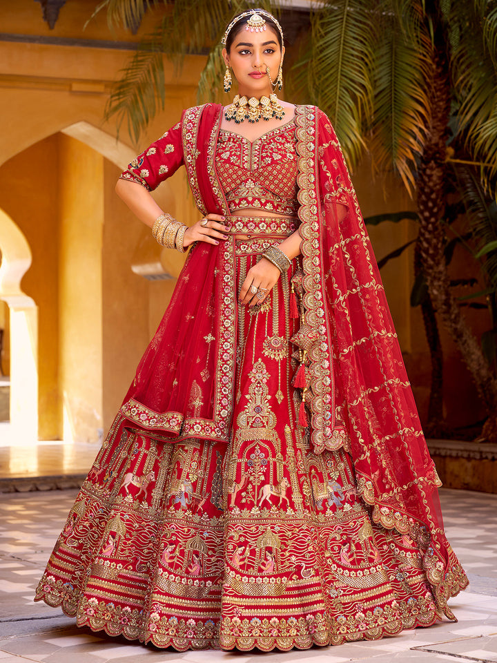 Red Silk Wedding Lehenga with Mirror Handwork, Zarkan Diamond & Net Dupatta
