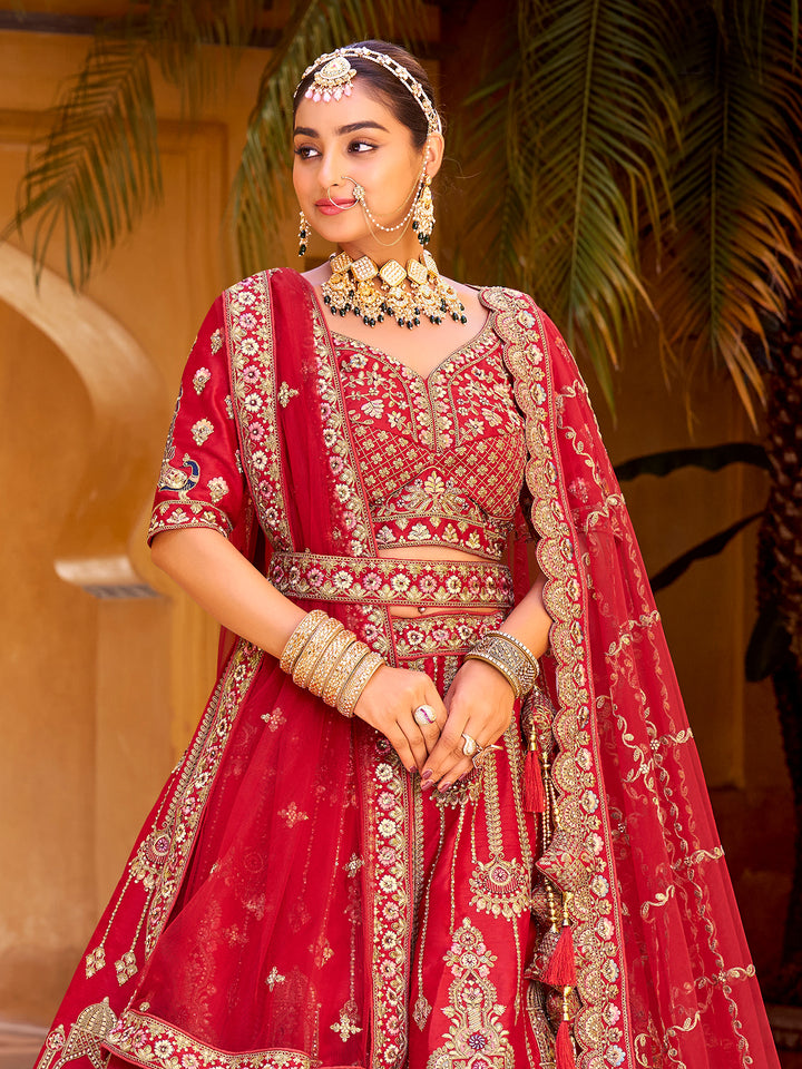 Red Silk Wedding Lehenga with Mirror Handwork, Zarkan Diamond & Net Dupatta