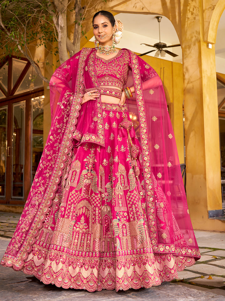 Pink Premium Silk Lehenga with Mirror Handwork, Zarkan Diamond & Net Dupatta – Wedding Wear