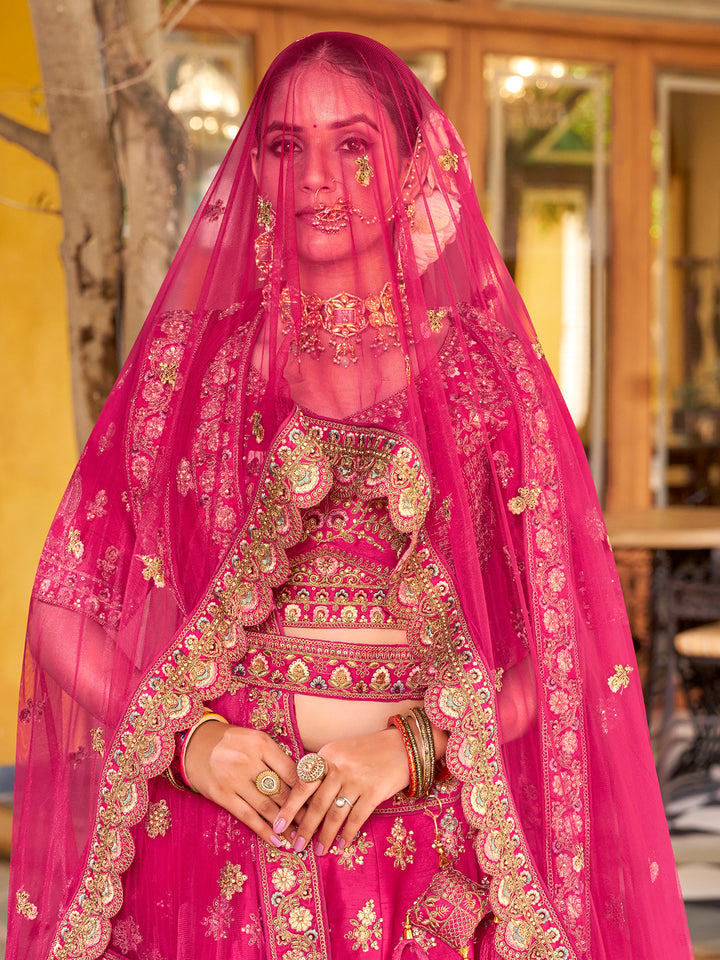 Pink Premium Silk Lehenga with Mirror Handwork, Zarkan Diamond & Net Dupatta – Wedding Wear