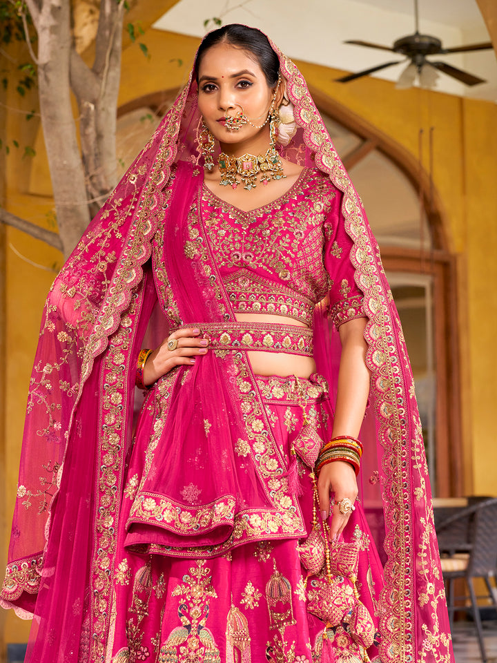 Pink Premium Silk Lehenga with Mirror Handwork, Zarkan Diamond & Net Dupatta – Wedding Wear