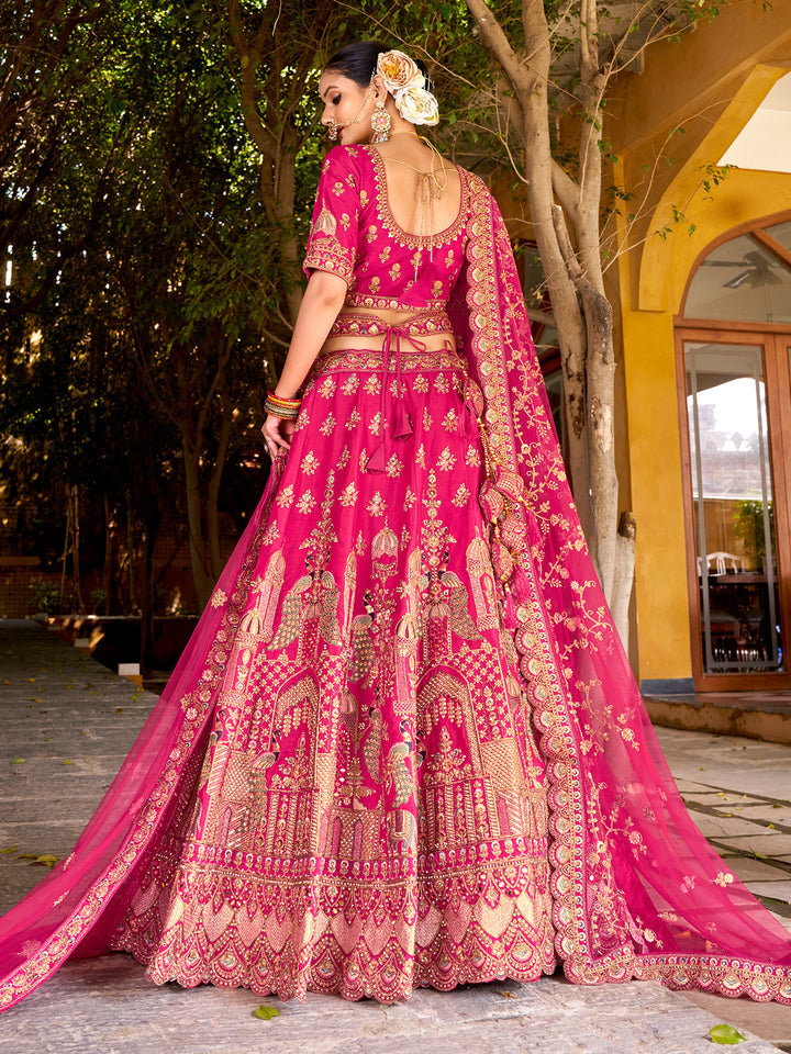 Pink Premium Silk Lehenga with Mirror Handwork, Zarkan Diamond & Net Dupatta – Wedding Wear