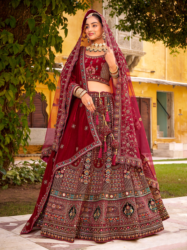 Maroon Velvet Wedding Lehenga with Mirror Handwork, Zarkan Diamond & Embroidered Blouse