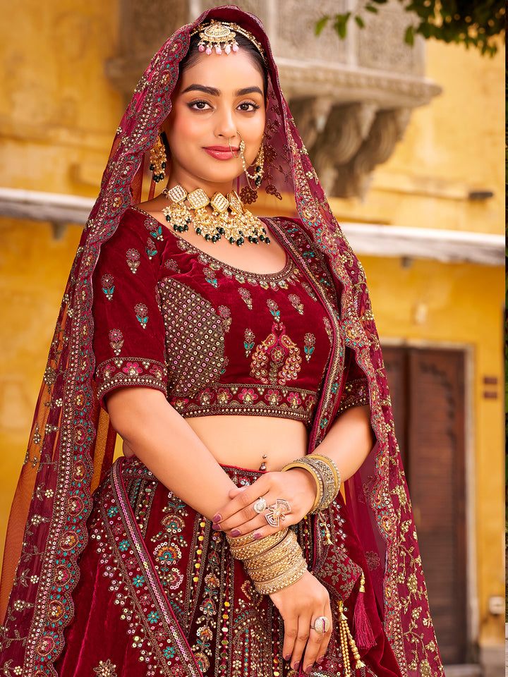 Maroon Velvet Wedding Lehenga with Mirror Handwork, Zarkan Diamond & Embroidered Blouse