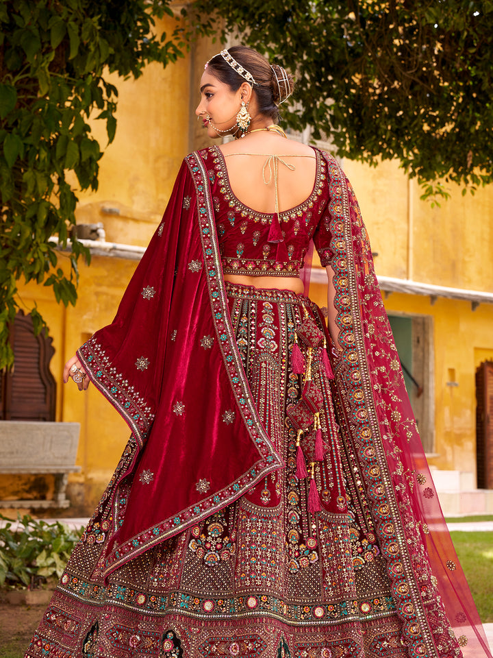 Maroon Velvet Wedding Lehenga with Mirror Handwork, Zarkan Diamond & Embroidered Blouse
