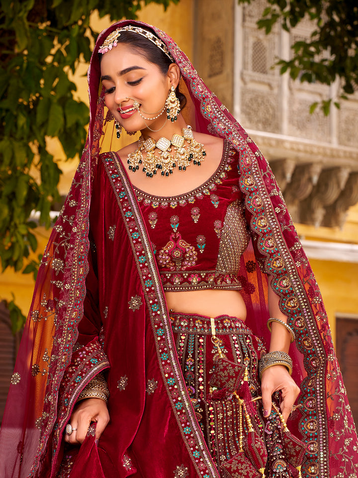 Maroon Velvet Wedding Lehenga with Mirror Handwork, Zarkan Diamond & Embroidered Blouse