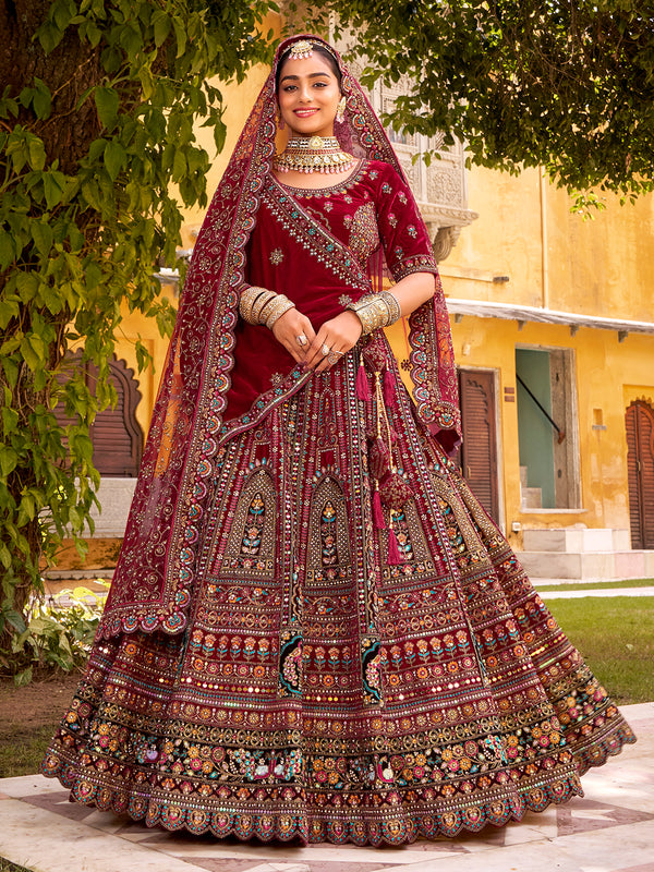 Maroon Velvet Wedding Lehenga with Mirror Handwork, Zarkan Diamond & Embroidery
