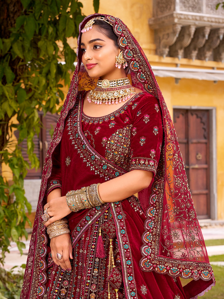 Maroon Velvet Wedding Lehenga with Mirror Handwork, Zarkan Diamond & Embroidery