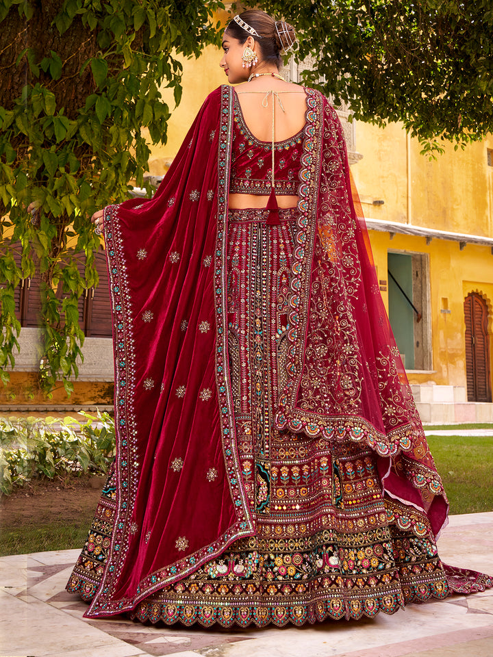 Maroon Velvet Wedding Lehenga with Mirror Handwork, Zarkan Diamond & Embroidery