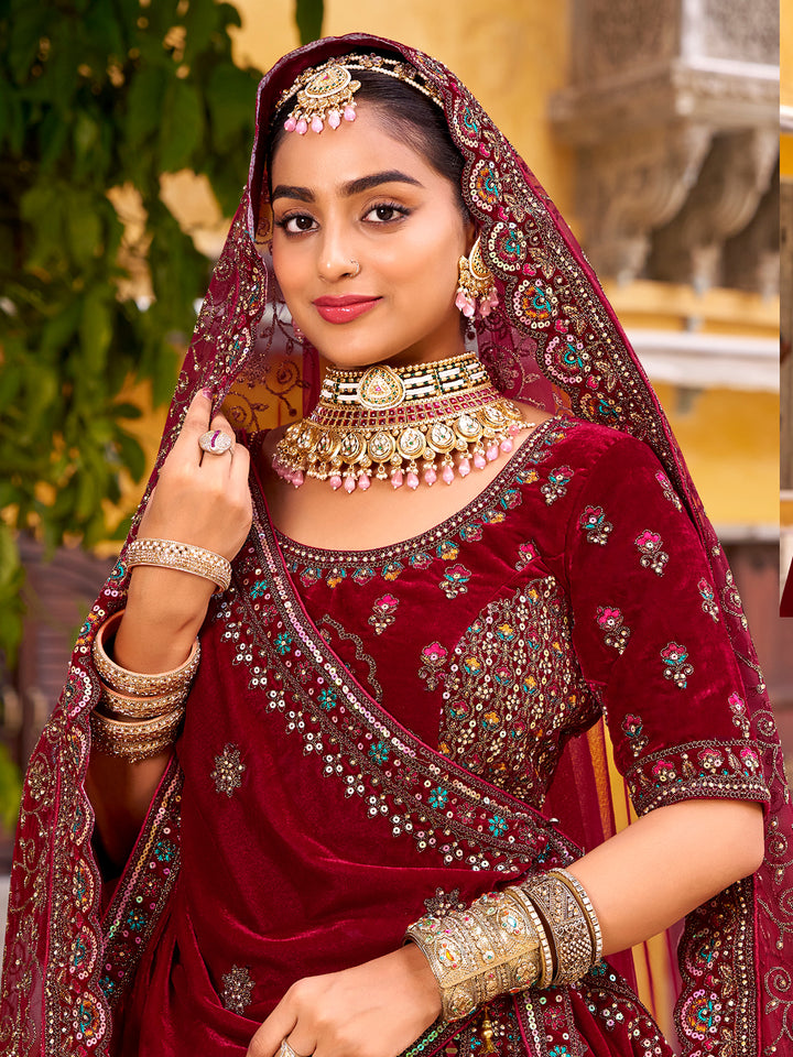 Maroon Velvet Wedding Lehenga with Mirror Handwork, Zarkan Diamond & Embroidery
