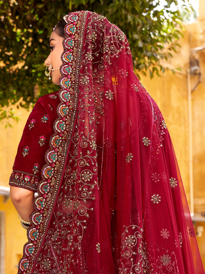 Maroon Velvet Wedding Lehenga with Mirror Handwork, Zarkan Diamond & Embroidery