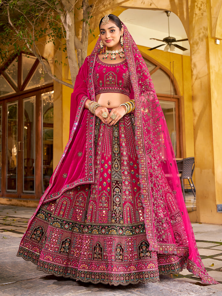 Rani Pink Velvet Lehenga with Mirror Handwork, Zarkan Diamond & Embroidered Dupatta – Wedding Wear