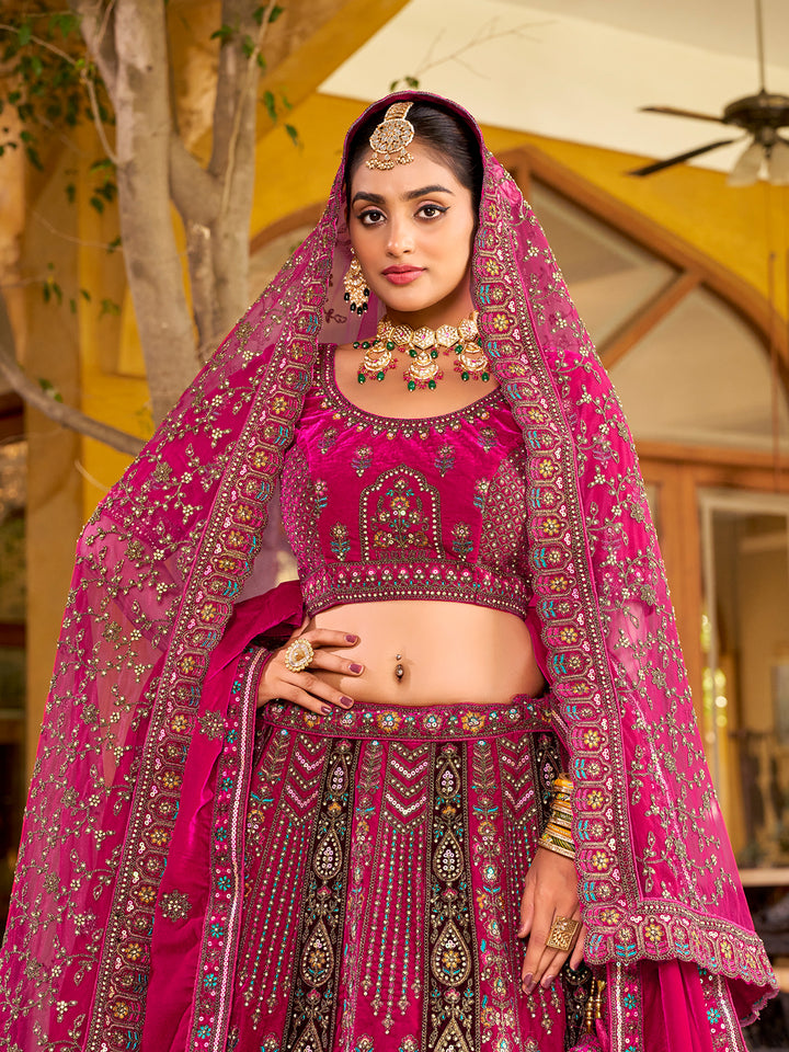 Rani Pink Velvet Lehenga with Mirror Handwork, Zarkan Diamond & Embroidered Dupatta – Wedding Wear