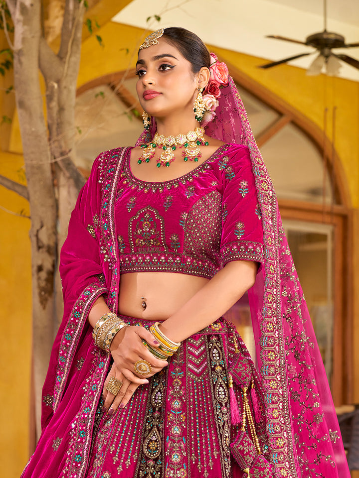 Rani Pink Velvet Lehenga with Mirror Handwork, Zarkan Diamond & Embroidered Dupatta – Wedding Wear
