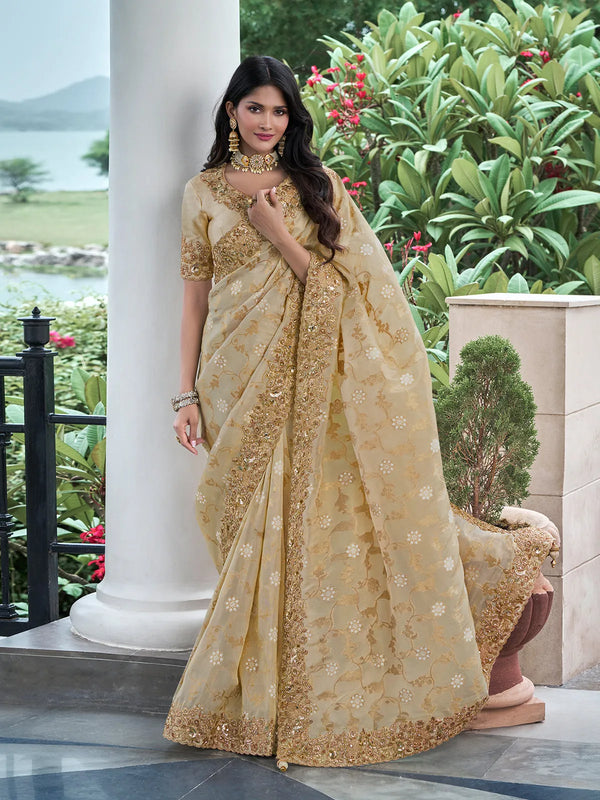 Zari Weaving Golden Party Weeding Saree In Tissue Silk