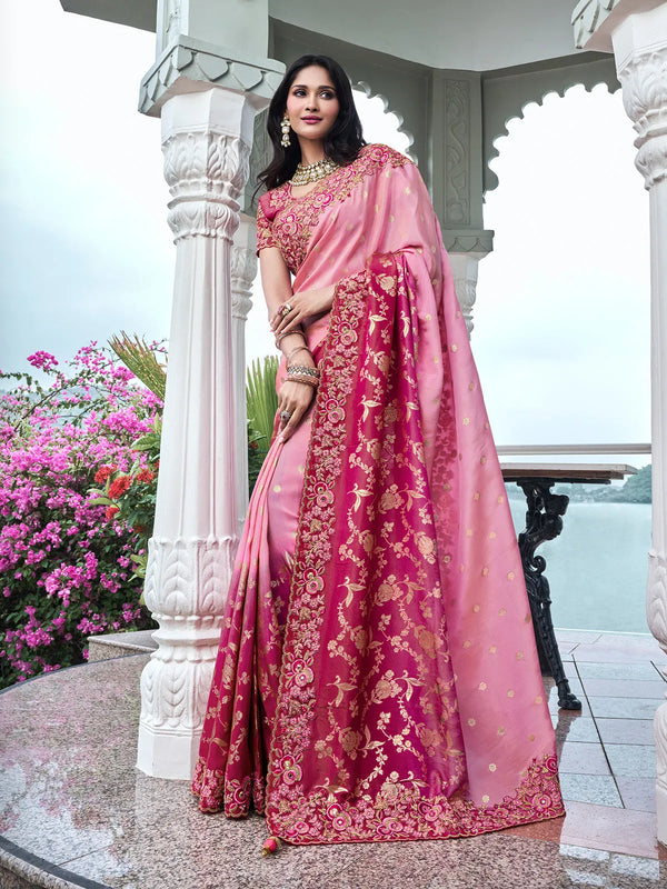 Pink Stone And Mirror Work Weeding Saree In Tissue Silk