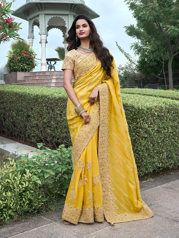 Designer Tissue Silk Bridal Weeding Saree In Yellow