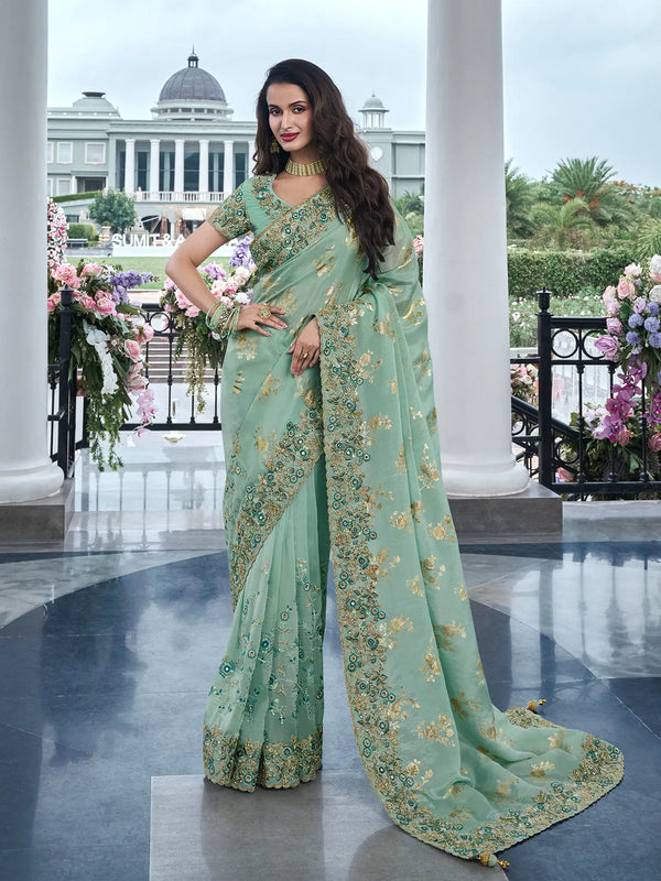 Embroidered Sea Green Zari Weaving Silk Weeding Saree