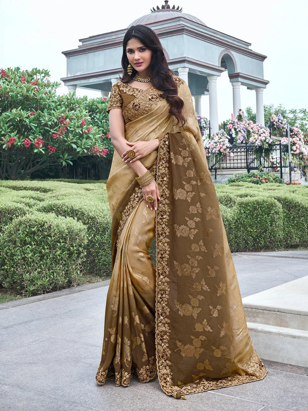 Embroidered Brown Tissue Silk Party Weeding Saree