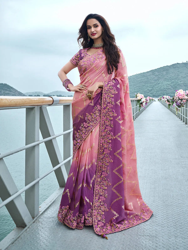 Bridal Purple-Pink Silk Weeding Saree In Embroidery Work