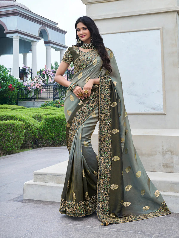 Olive Green Embroidery Designer Tissue Silk Weeding Saree