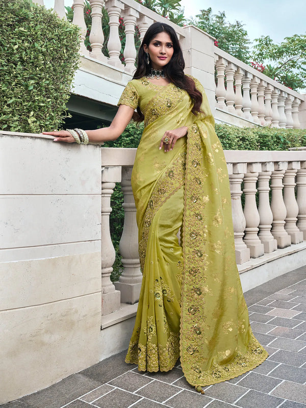 Tissue Silk Green Stone Embroidery Weeding Saree