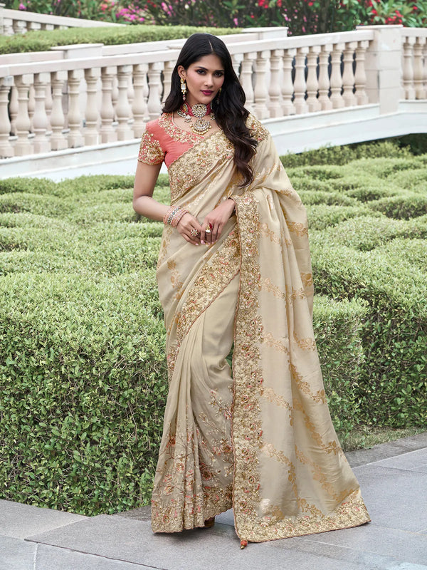 Zari Weaving Golden Weeding Saree In Tissue Silk