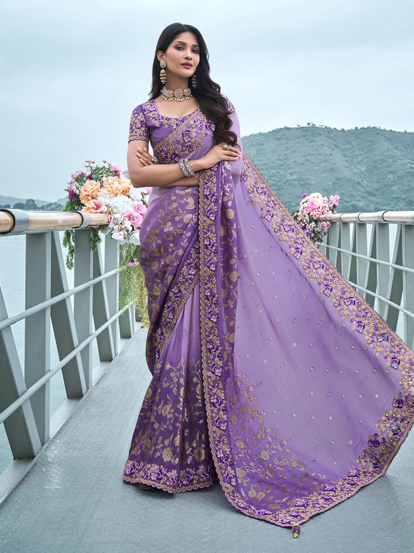 Lavender Stone And Mirror Work Weeding Saree In Tissue Silk