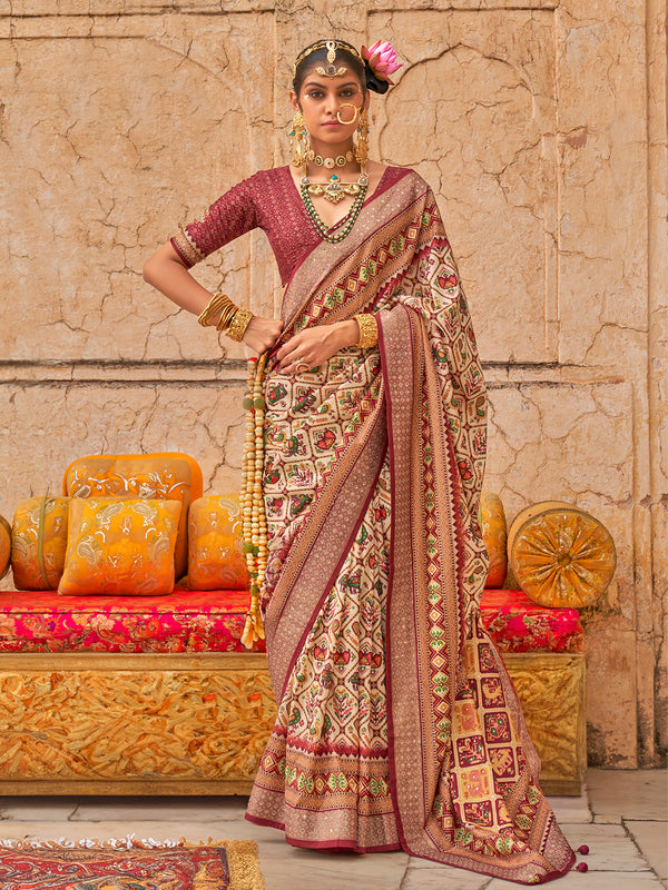 Cream Viscose Silk Weeding Patola Saree