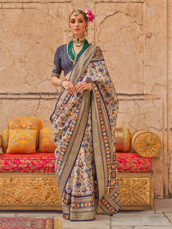 Cream Viscose Silk Patola Weeding Saree with Luxury Print