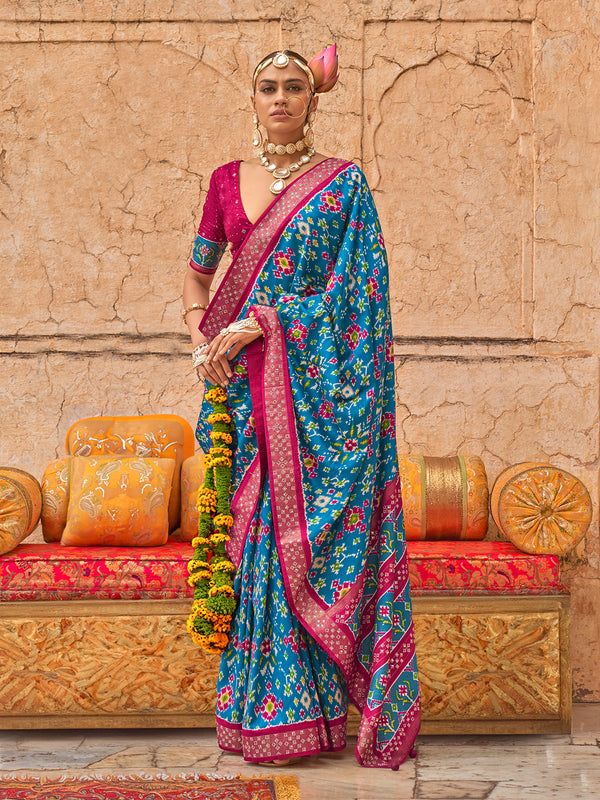 Blue Viscose Silk Patola Saree with Rani Pink Silk Blouse