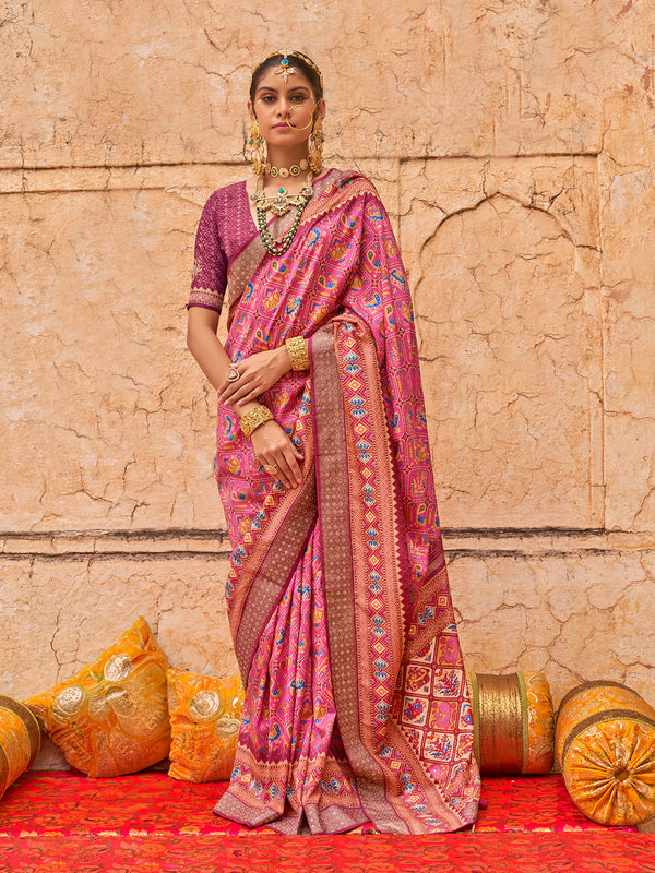 Pink Patola Weeding Saree in Viscose Silk with Luxury Print