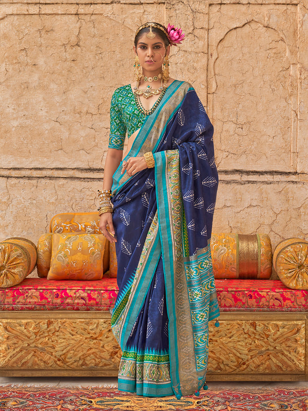 Navy Blue Viscose Silk Patola Designer Saree