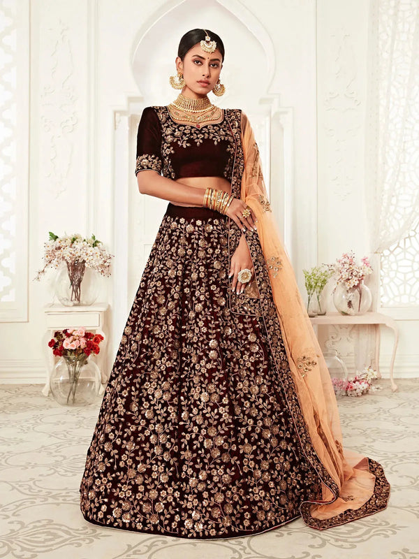 Maroon Velvet Lehenga Set with Thread, Zari & Embroidery for Wedding Wear