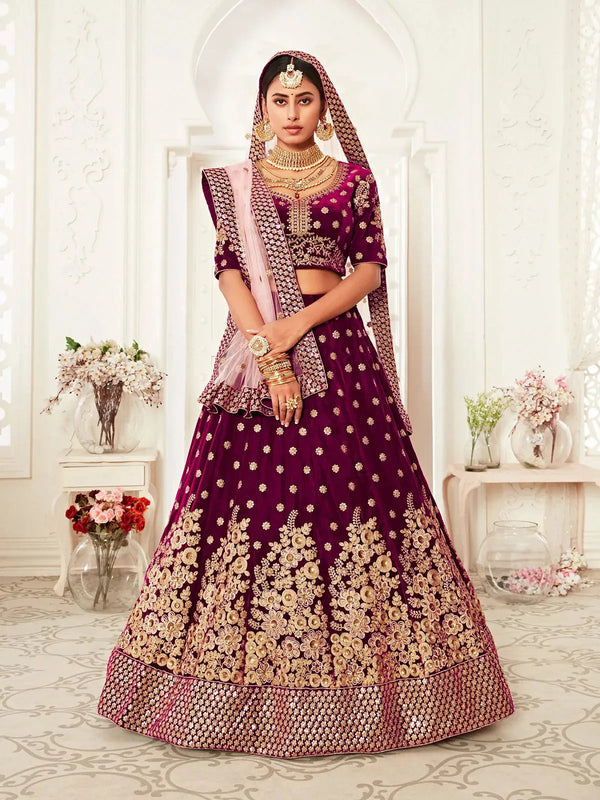 Purple Velvet Lehenga Set with Thread, Dori & Embroidery for Wedding Wear