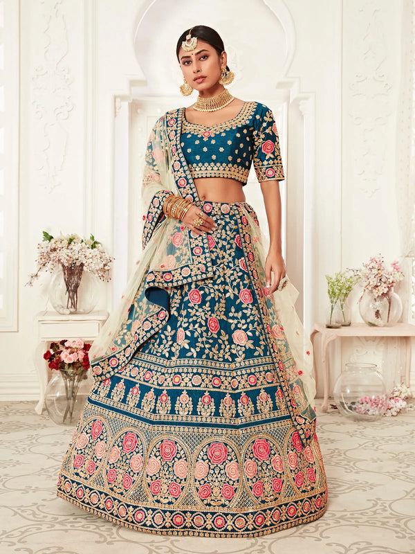 Blue Silk Lehenga Set with Thread, Dori & Embroidery for Wedding Wear