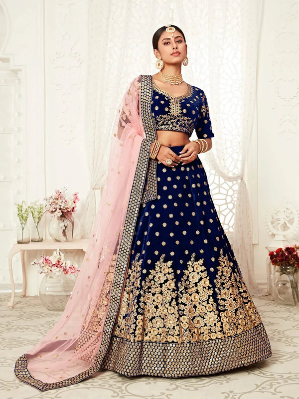 Navy Blue Velvet Lehenga Set with Thread, Dori &Embroidery for Wedding Wear