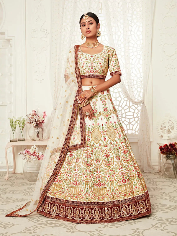 Off White Silk Lehenga Set with Embroidery & Diamond Work for Wedding Wear