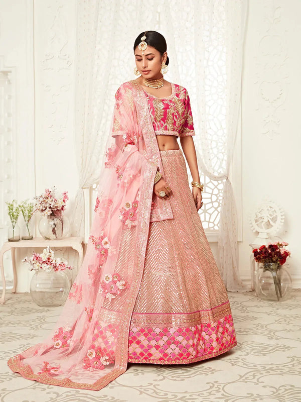 Pink Lehenga Set with Thread, Dori & Embroidery for Wedding Wear