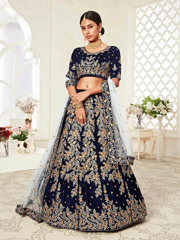 Navy Blue Velvet Lehenga Set with Embroidery & Diamond Work for Wedding Wear