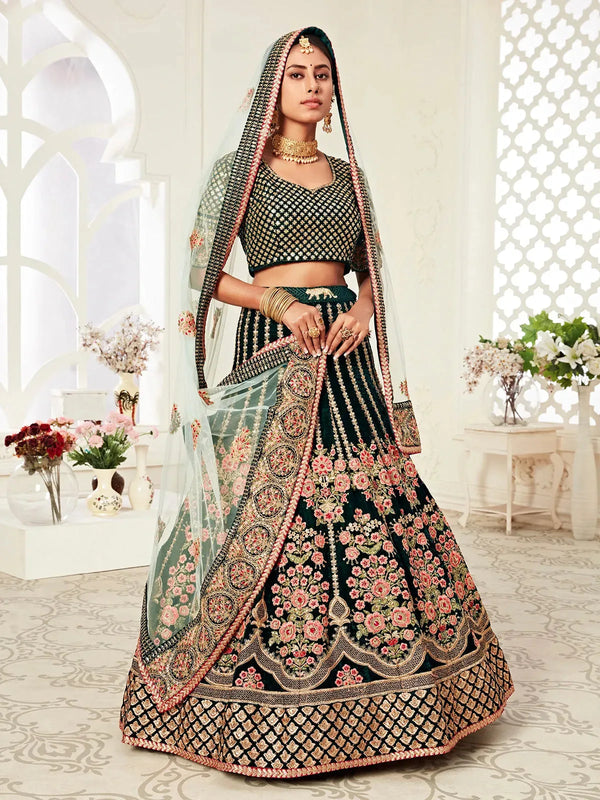 Green Velvet Lehenga Set with Embroidery & Diamond Work for Wedding Wear