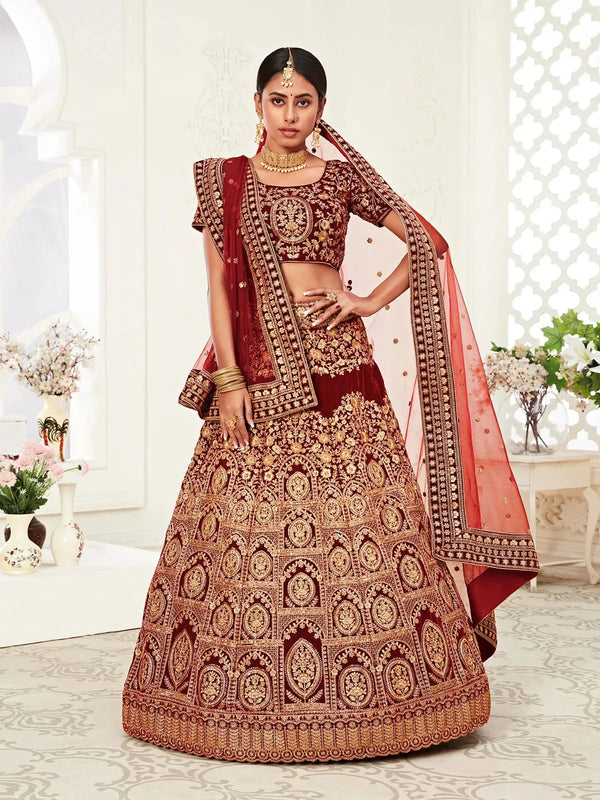 Red Velvet Lehenga Set with Sequins Embroidery Work for Wedding Wear