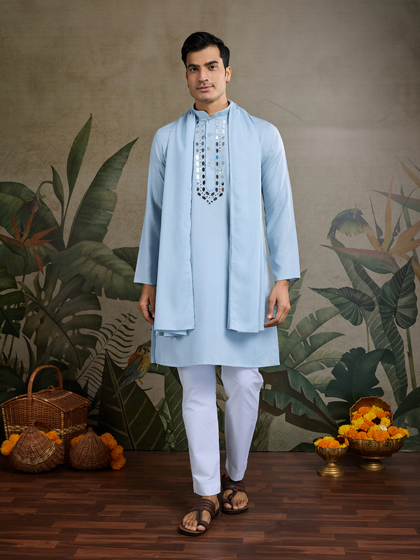 Sky Blue Viscose Rayon Kurta for Men – Designer Zari & Real Mirror Work