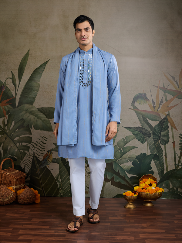 Light Blue Viscose Rayon Kurta for Men – Designer Zari & Real Mirror Work