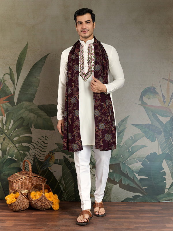 Men's White Viscose Rayon Embroidered Wedding Kurta with Foil Print Dupatta – Thread & Sequin Work Ethnic Wear