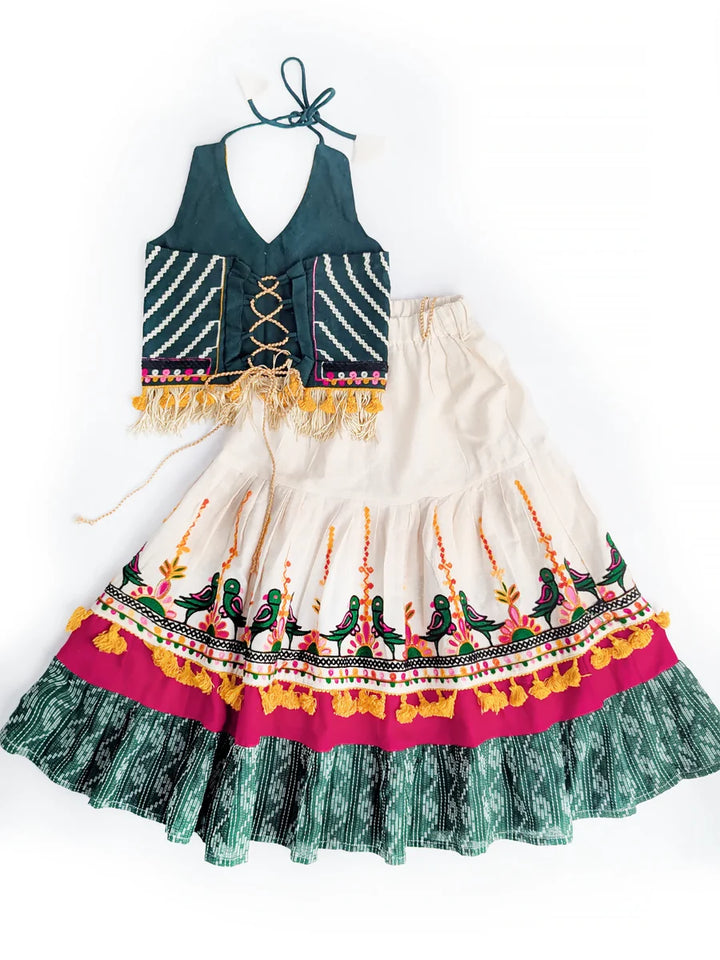 Pure Cotton Parrot Green Lehenga Choli Set with Embroidered Blouse & Ivory Bird Motif Lehenga – Festive