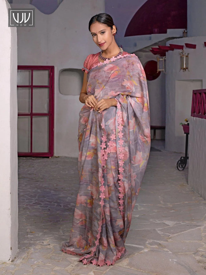 Adorable Grey Color Organza Floral Printed Designer Saree - VJV Now