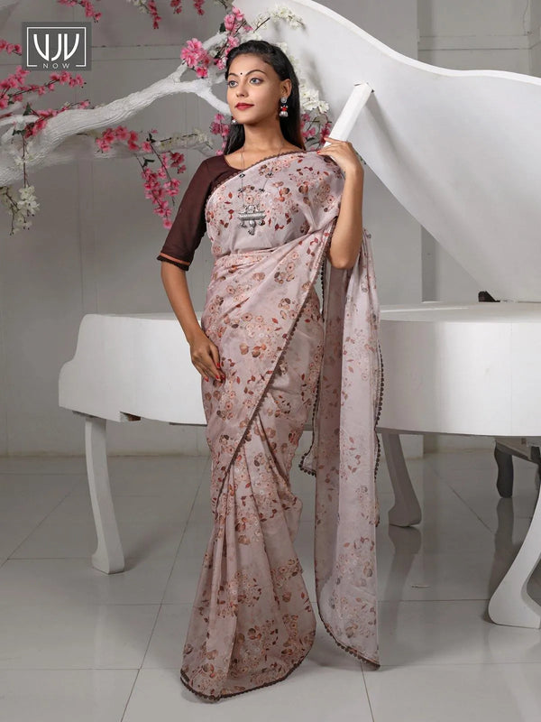 Alluring Grey Color Printed Organza Designer Saree - VJV Now