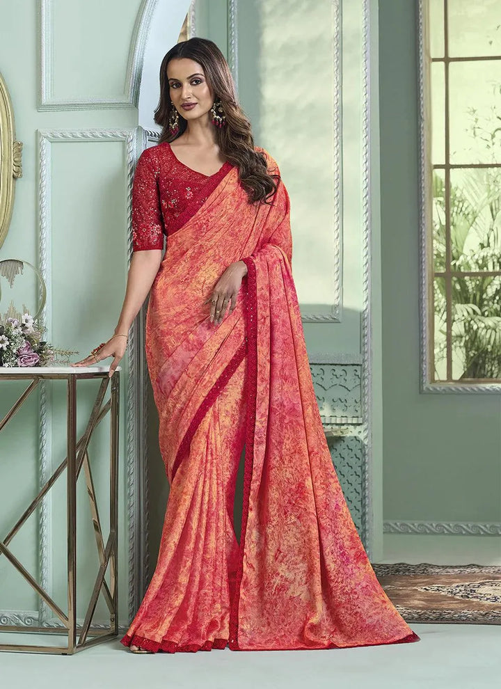 Alluring Peach Sequined Chiffon Party Wear Saree with Embroidered Red Blouse - VJV Now