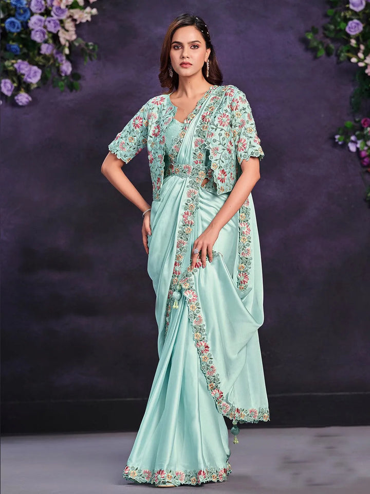 Aqua Blue Crape Satin Silk Embroidered Ready to Wear Saree - VJV Now